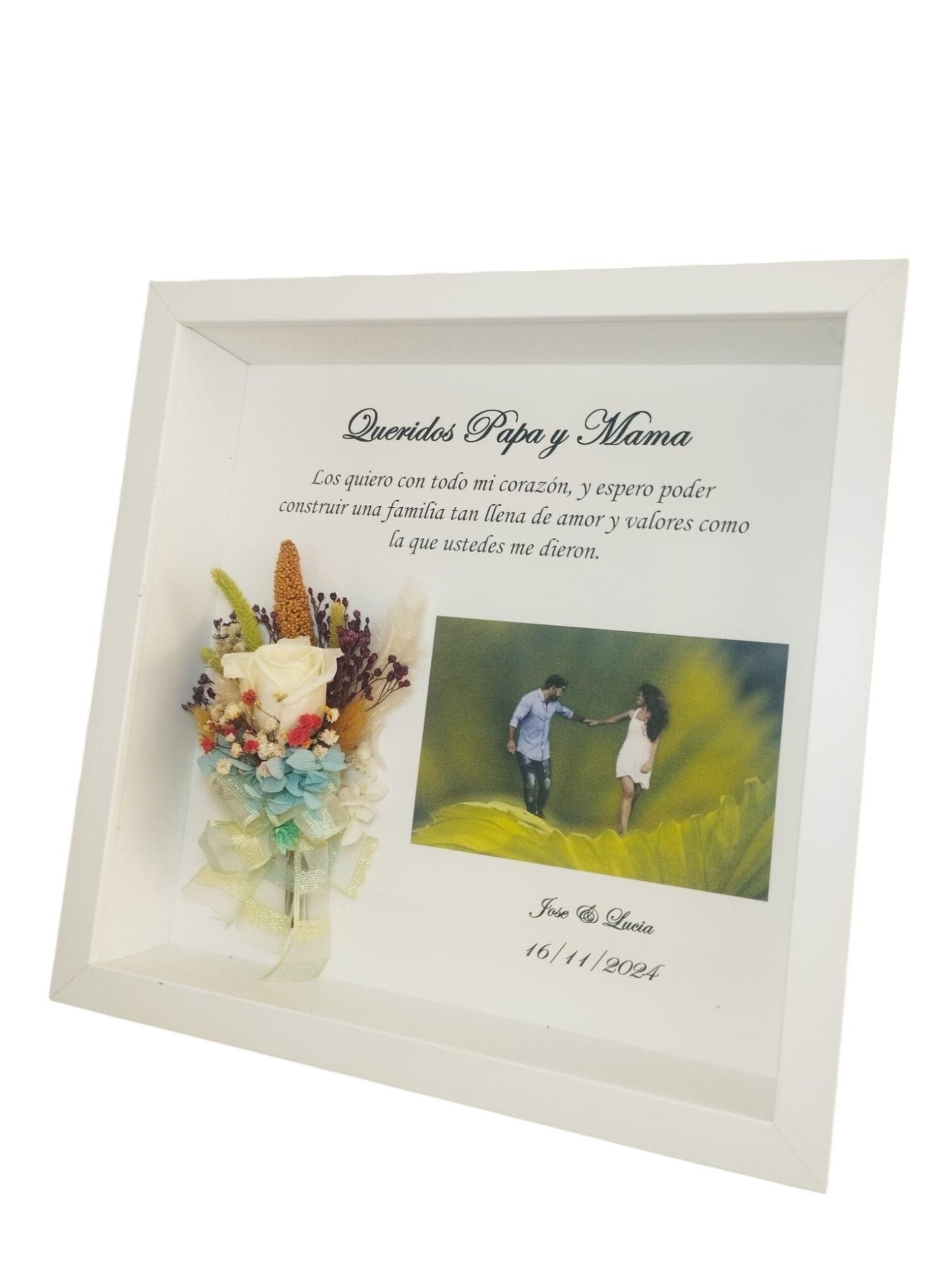Regalo para padres en boda Marco personalizado, flor preservada y dedicatoria co - 3